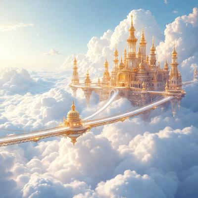 The primary subject of the image is a large, intricate, and ornate castle floating in the clouds. The setting is a cloudy sky, and the visual style appears to be a digital art or illustration. The colors and mood of the image are predominantly white and ethereal, creating a sense of wonder and fantasy.